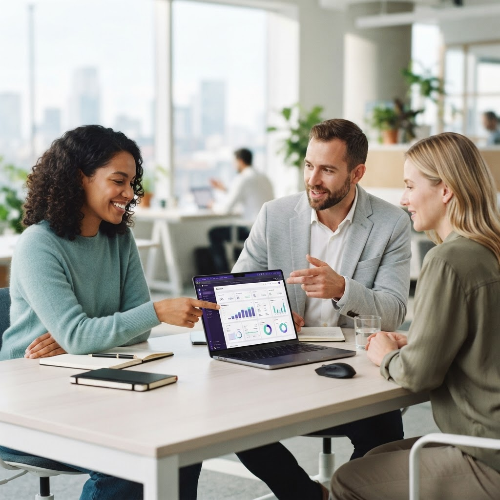 Engineers collaborating with a business team on a modern dashboard