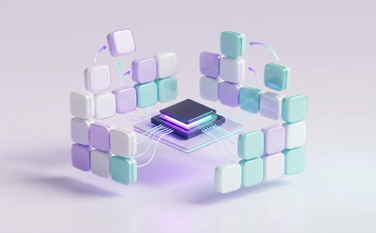 Modular blocks snapping into a new arrangement around an AI chip, representing workflows that reshape quickly.