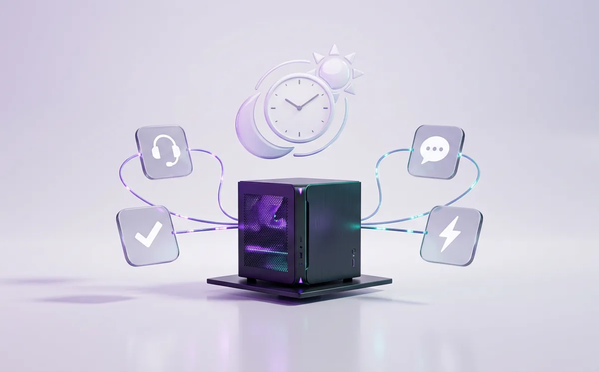 A compact local AI workstation connected to headset, chat, and speed icons around a day-and-night clock, representing round-the-clock service.