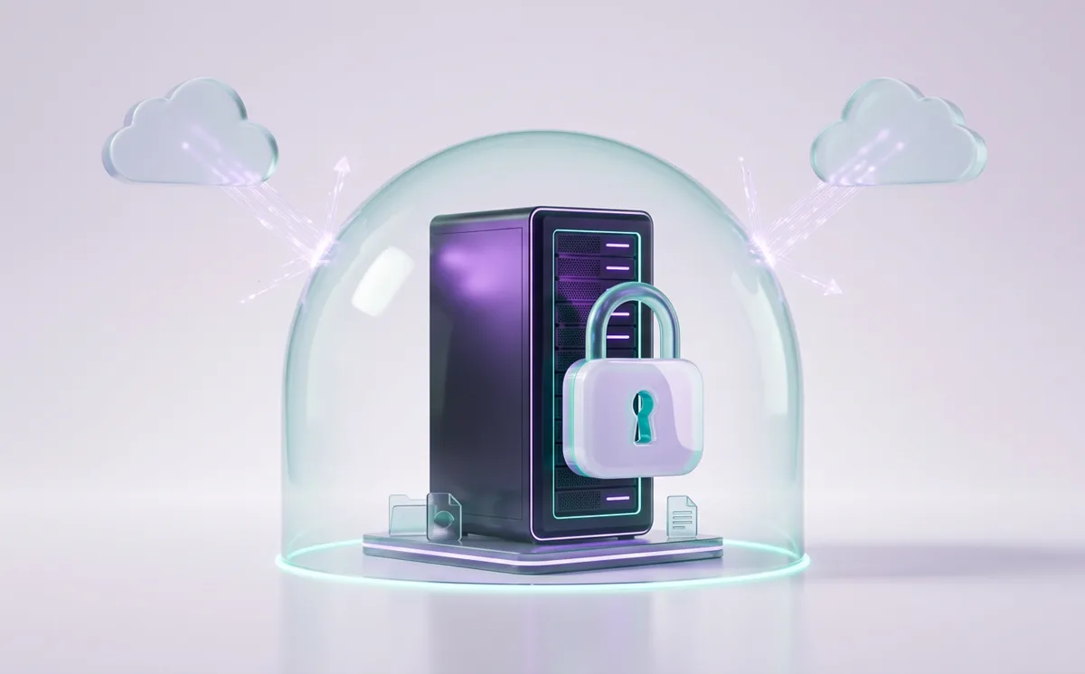 An on-premises server with a padlock inside a protective glass dome, with cloud data streams deflected away.