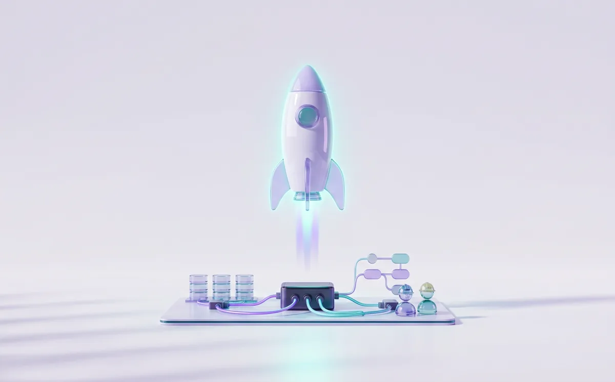 A rocket launching above an AI machine wired to databases and a workflow map, with embedded engineers beside it.
