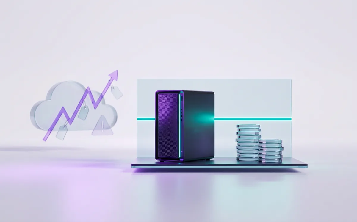 A local AI workstation beside a stable stack of coins and a flat cost line, while a cloud with a spiking price chart fades behind.