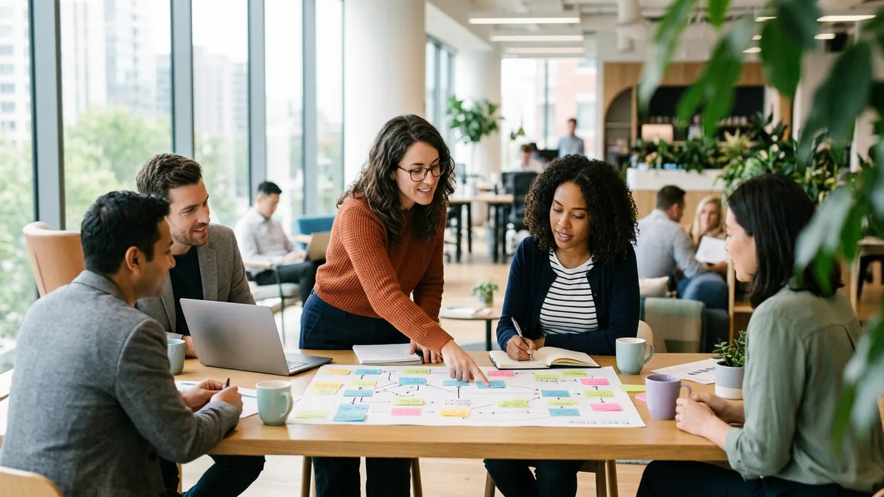 Engineers and business staff mapping a manual workflow with sticky notes around a table