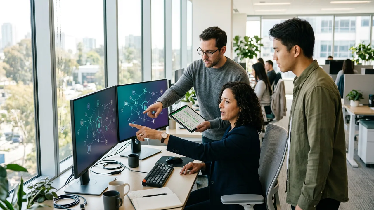 Engineers and an IT manager reviewing a secured system integration on two monitors