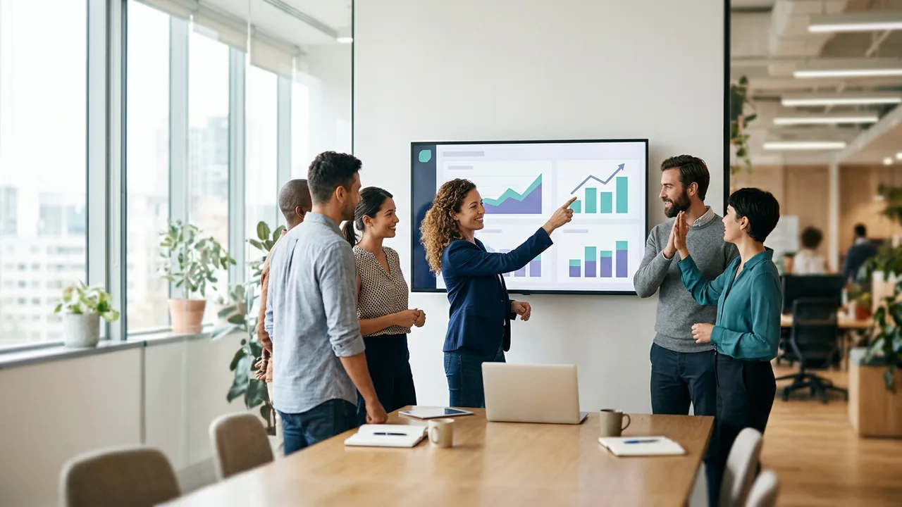 A team celebrating rising results on a wall-mounted performance dashboard