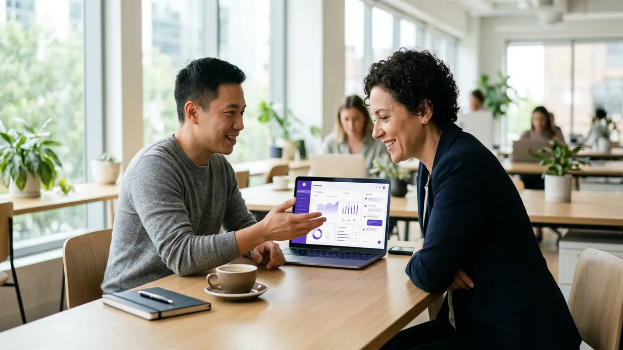 An engineer demonstrating a working prototype dashboard on a laptop to a business manager