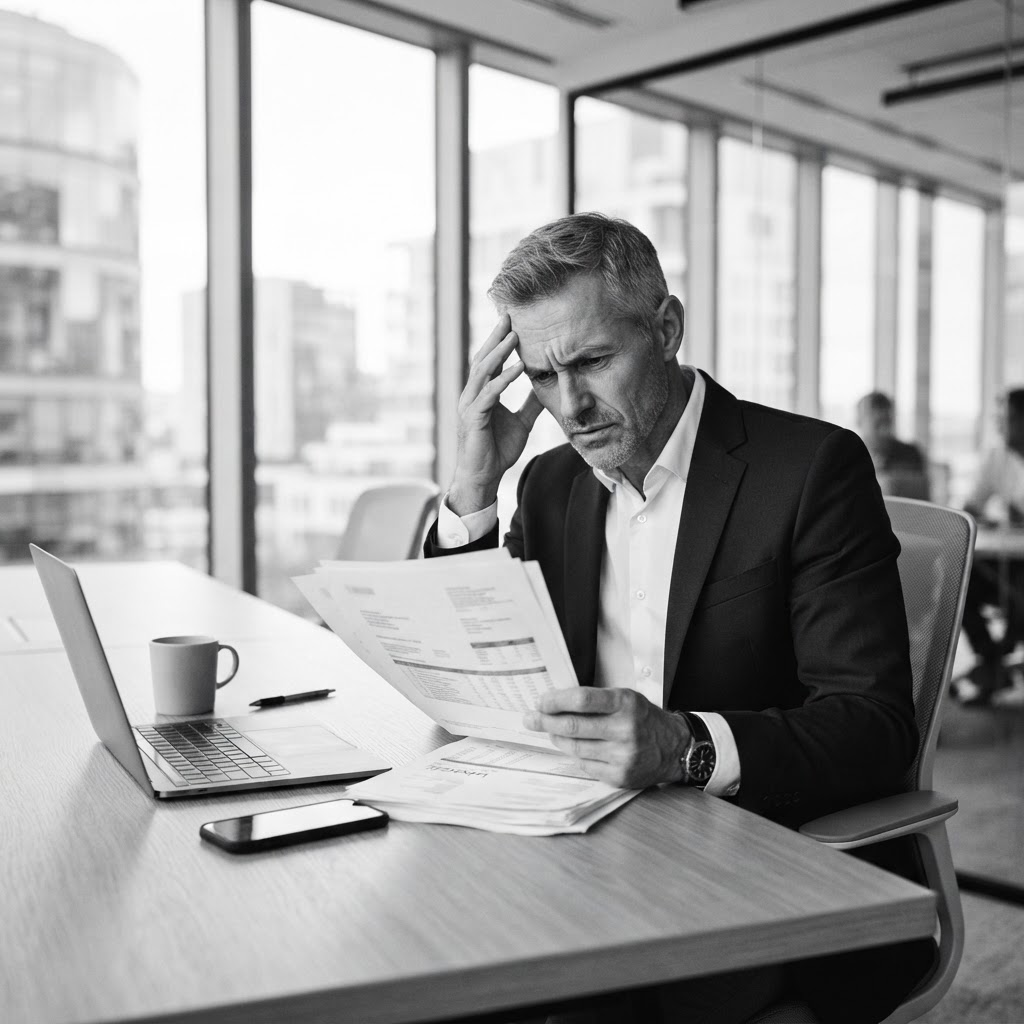 A stressed business owner reviewing a stack of expensive software licensing invoices
