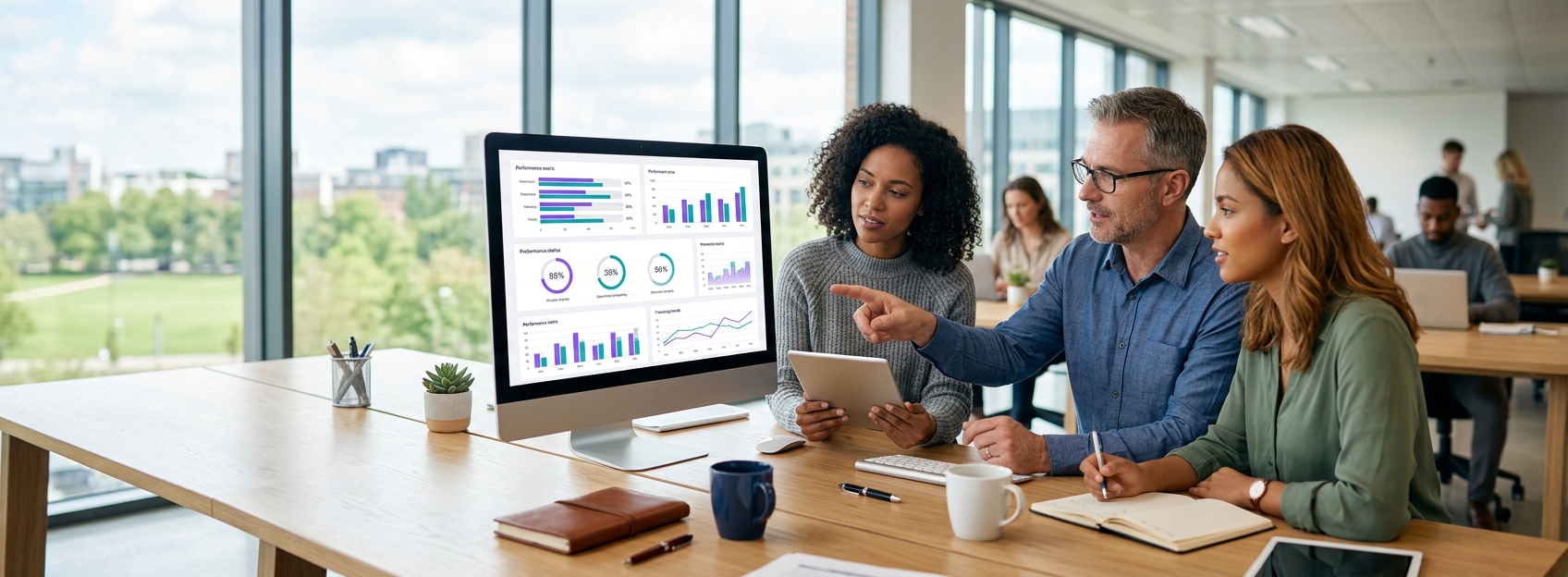 Colleagues gathered around a monitor in a bright office, discussing a scorecard dashboard