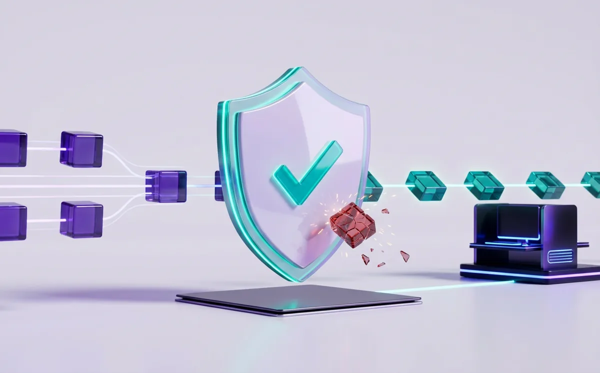 A validation shield letting valid data packets through to an AI machine while rejecting a malformed packet