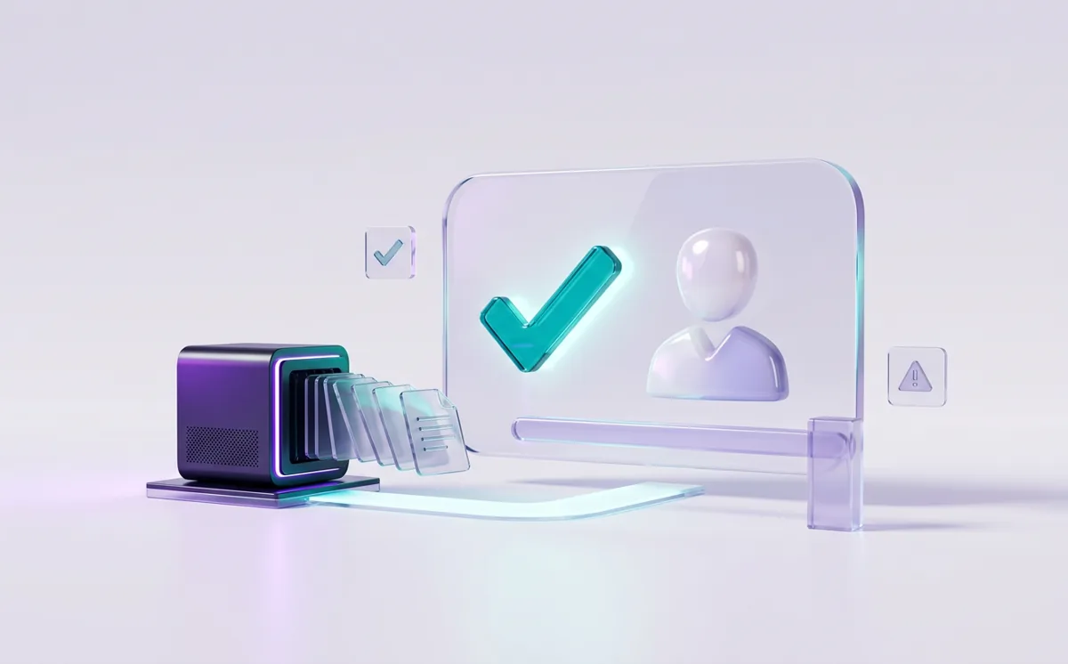 Documents from a local AI machine paused at a checkpoint gate while a manager approves them with a check mark