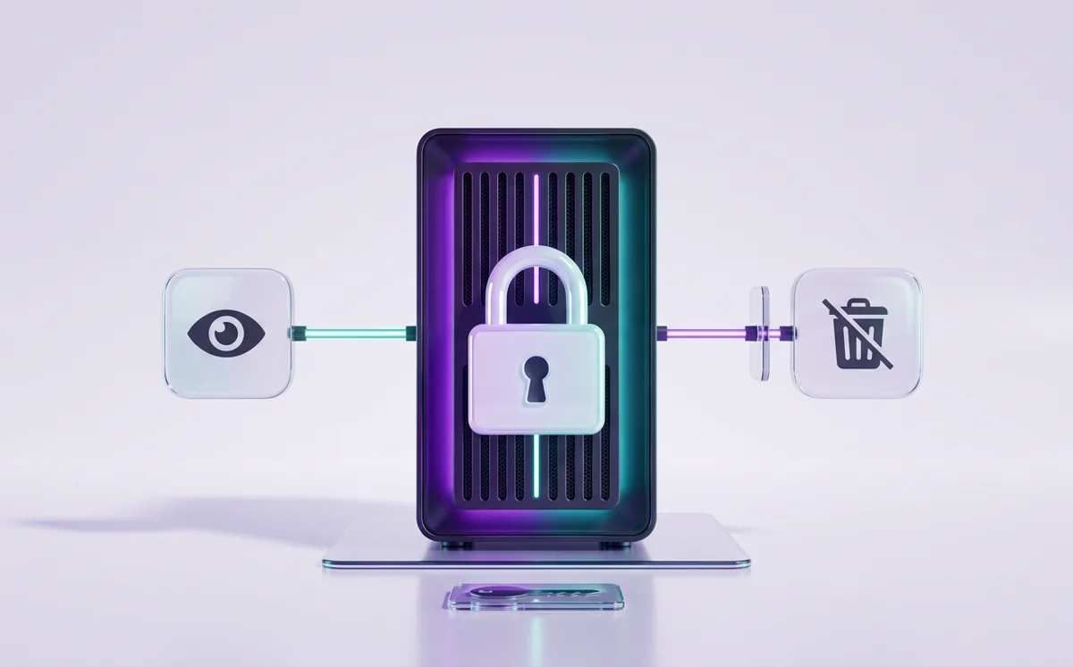 A locked server with one read-only eye tile connected and a delete tile blocked by a barrier, representing scoped, restricted permissions