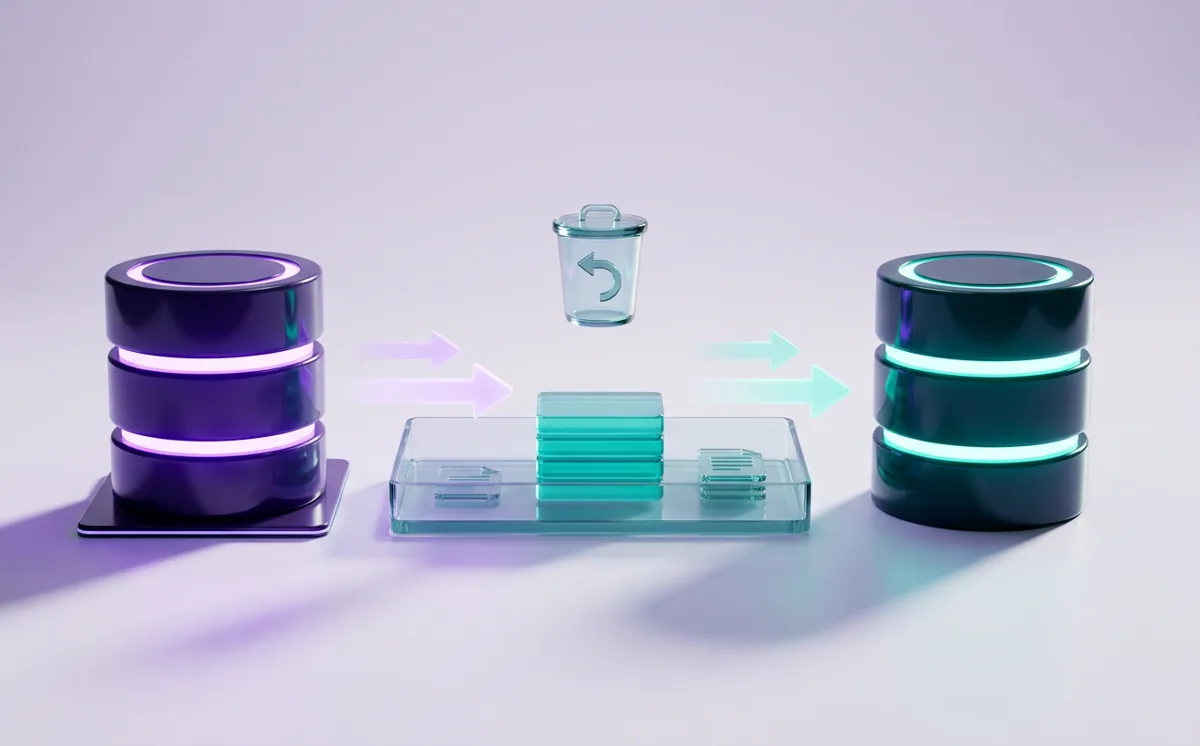 Changes flowing from a live database through a glass staging tray with a soft-delete undo bin before reaching the final data store